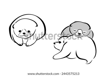 Three Kishu dog puppies, in the style of Japanese watercolor painting with wide brush strokes. Modeled on a woodblock print from the Edo period, in the year 1802. Isolated illustration. Vector.