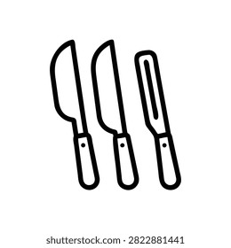 Three kitchen cutlery knives in line stroke style.