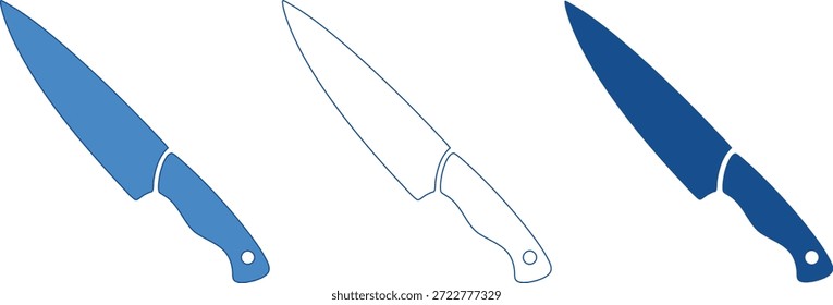Tres cuchillos de cocina en diferentes tonos de azul sobre fondo transparente