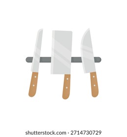 Tres cuchillos de cocina en un soporte magnético sobre un fondo blanco. Elementos de cocina. Herramientas de cocina.