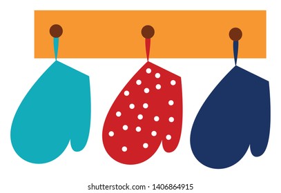 Três luvas de cozinha de cores diferentes penduradas na cozinha, vetor, desenho de cores ou ilustração. 