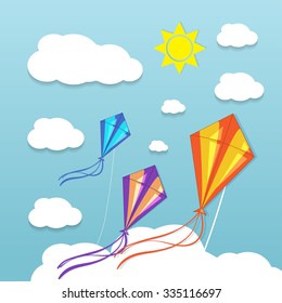 Three kites in the cloudy sky. Vector illustration