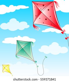 Three kites flying in blue sky illustration