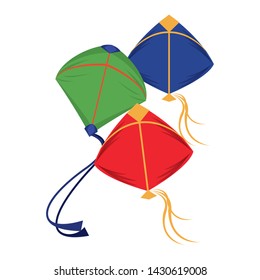 Three kites flying isolated cartoon vector illustration graphic design