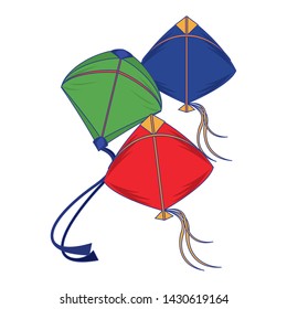 Three kites flying isolated cartoon vector illustration graphic design