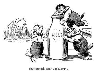 Three kittens in cloths around the bottle of milk, vintage line drawing or engraving illustration