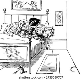 Tres gatitos con manteles que miran la cola, y el ratón está debajo de la cama, dibujo vintage de la línea o ilustración de grabado