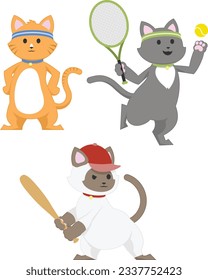 Three kittens in exercise gear. One orange kitten wears a sweatband with hands on hips. One gray kitten has a tennis ball and racket. One Siamese kitten has a baseball cap and bat.