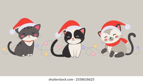 Three kittens grey, black and white and Siamese cute cartoon characters sitting in Santa hats, playing with a garland, Christmas, sticker, postcard.