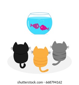 Three kittens looking to aquarium with fish set. Little cat family. Pet animal collection. Cute cartoon funny character. Flat design. White background Isolated Vector illustration