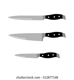 Three knife with a black handle on a white background