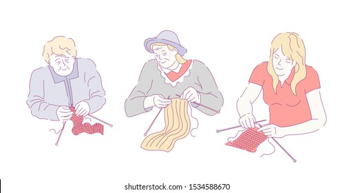 Three knitting women of different ages, generations, smiling grandmother, mother, daughter, group sitting together and smiling, hobby indoors leisure activity, colorful doodle sketch illustration