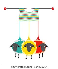 Three Knitting Yarn Sheep. Vector EPS10 graphic illustration of three colored sheep with needles knitting a sweater.