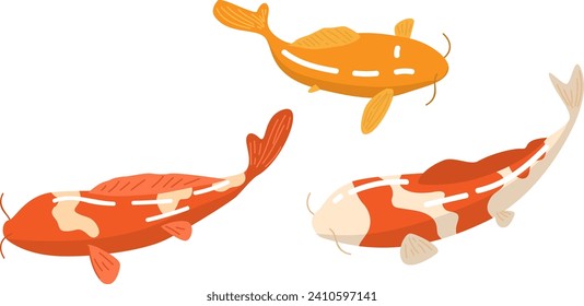 Three koi fish swimming, mixed colors on a white background. Oriental garden pond fish, symbol of luck and prosperity vector illustration.