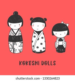 Three Kokeshi dolls. Various characters. Traditional japanese toys. Kawaii illustration. Hand drawn graphic vector set. All elements are isolated. Red background