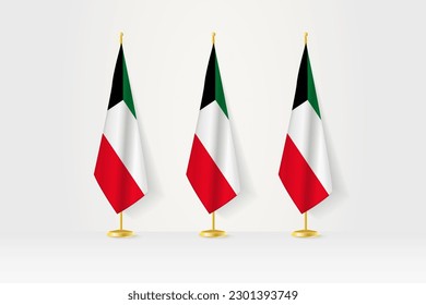 Three Kuwait flags in a row on a golden stand, illustration of press conference and other meetings. Vector illustration.