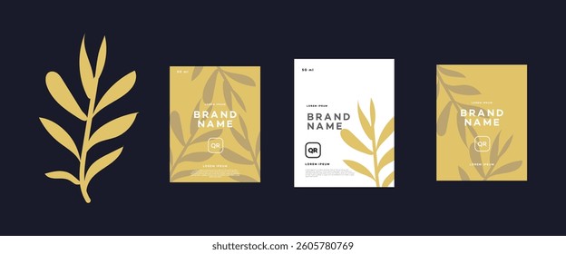 Three label designs feature a stylized golden branch, Brand Name, Lorem Ipsum, QR code, and 50ml indication. Minimalist aesthetic.
