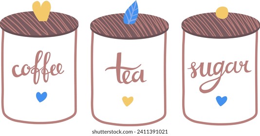 Three labeled kitchen containers for coffee, tea, sugar with hearts. Pastel-colored canisters set with wooden lids and cute decorations. Kitchen storage and organization vector illustration.