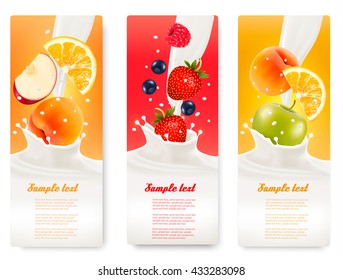 Three labels with different fruit falling into splashes of milk. Vector.