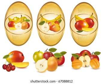 Three labels with different sorts of fruit. Vector.