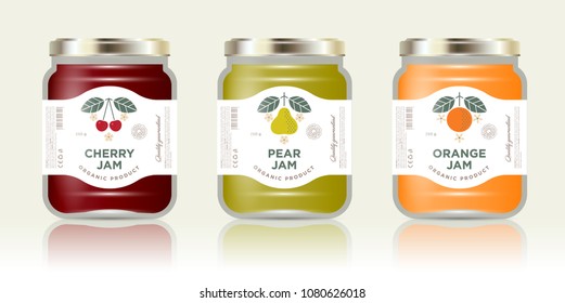 Three labels fruit jam. Cherry, pear, orange jam labels and packages. Three packaging. Premium design. The flat original illustrations and texts on the minimalist labels on the jars with caps.