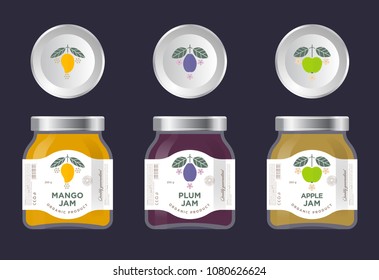 Three labels fruit jam. Mango, apple, plum jam labels and packages. Three packaging. Premium design. The flat original illustrations and texts on the minimalist labels on the jars with caps.