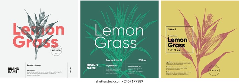 Three labels for lemongrass products, illustrated in engraving style, displaying the plant in muted green, red, and yellow hues with bold typography.
