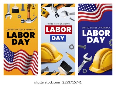 Three Labor Day banners featuring tools, American flags, and hard hats.