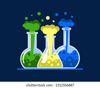 Three laboratory flasks. Test tubes with a multi-colored liquid. A chemical reaction occurs. Flat Vector Illustration