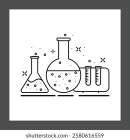 Three laboratory glassware pieces, including a conical flask, a round-bottom flask, and a graduated cylinder, all filled with liquid and featuring bubbles