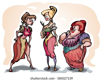 Three ladies chatting in medieval traditional clothing, colored