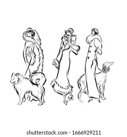 Three ladies in vintage style walk with dog. Woman dressed in fur coats. Drawing for coloring. Graphic female silhouette.