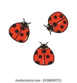 Tres mariquitas. Lindos insectos rojos con lunares negros. Primavera y verano. Ilustración aislada de vector colorido dibujado a mano doodle