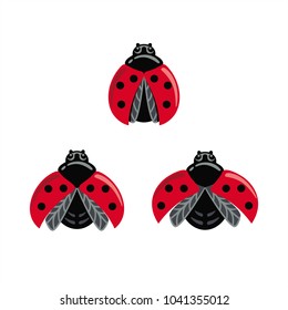 Three ladybugs with red open wings, black head, insect, illustration, vector