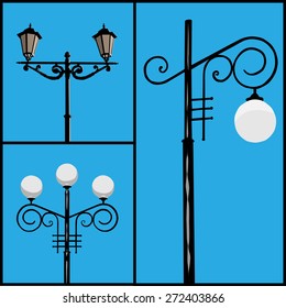 Three lamppost different types. Vector illustration.