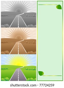 Three landscape with asphalt road made  in different color shades and a green frame