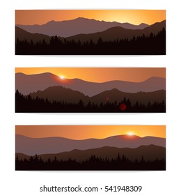 Three landscape banners with silhouettes of mountains and forest at sunrise. Vector illustration of travel to beautiful places of nature