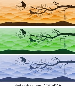 Three landscape banners with tree branch and birds silhouettes