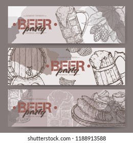 Three landscape beer party banners with beer keg, mug, chips, hop branch and snack plate. Great for bar, restaurant, cards and menu, pub signs, culinary design.