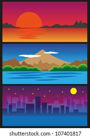 Three landscape view. Sunrise, mountain and city night.