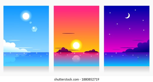 three landscapes set of beach nature view, flat vector illustration.afternoon, evening, night. backgrounds.