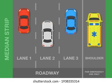 Three lane road. Top view of sedan cars and ambulance on a shoulder lane. Traffic or road rules. Flat vector illustration template.