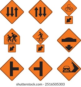 three lanes of traffic, contraflow, right, left, school crossing location, landslide zone, cyclist crossing location, shoulder location, orange sign, pictogram, preventive, icon, vector, orange, rhomb