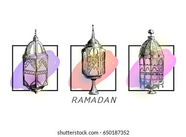Drei Laterne. Handgezeichnete Skizze. Ramadan. Vektorillustration, EPS10.
