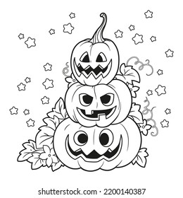 Three lantern from pumpkins with the cut out of a grin stand one on another outlined for coloring page isolated on white
