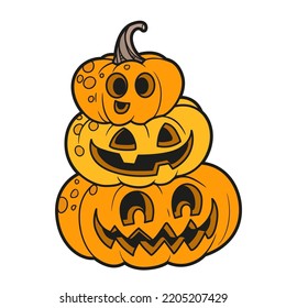 Three lantern from pumpkins with the cut out of a grin stand one on another in the shape of a pyramid color variation for coloring page isolated on white