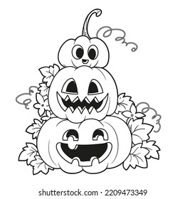 Three lantern from pumpkins with the cut out of a grin stand one on another in the shape of a pyramid with leaves and flowers outlined for coloring page isolated on white