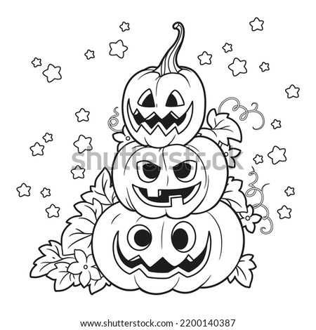 Three lantern from pumpkins with the cut out of a grin stand one on another outlined for coloring page isolated on white