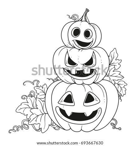 Three lantern from pumpkins with the cut out of a grin stand one on another outlined for coloring page