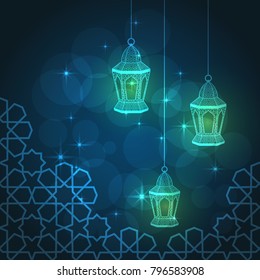 three lanterns fanous on blue background. Vector illustration.